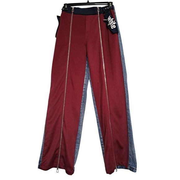 Y2K Galita Fashion Womens L Patchwork Denim Burgundy Zip Front Wide Leg Pants - Picture 1 of 9